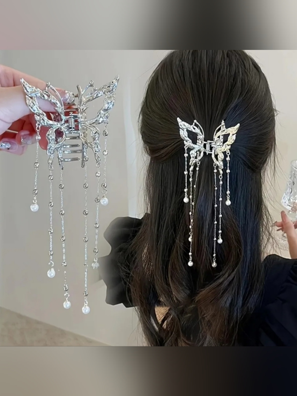 Silver Butterfly & Pearl Hair Clip with Chain Tassel Dangle Bridal Coquette Girl